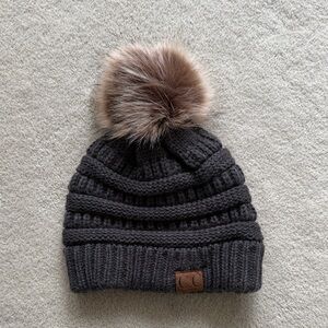 C.C Black Knit Beanie with Faux Fur Pom
